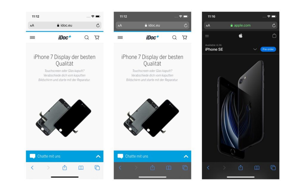 Viele Websites sind hell gestaltet. Die darstellung wird durch den Dunkelmodus nicht beeinflusst. Apple greift auf seiner Website eher zu dunklen Farben.