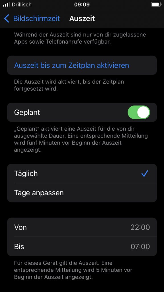 iOS-Einstellungen | geplante Auszeit
